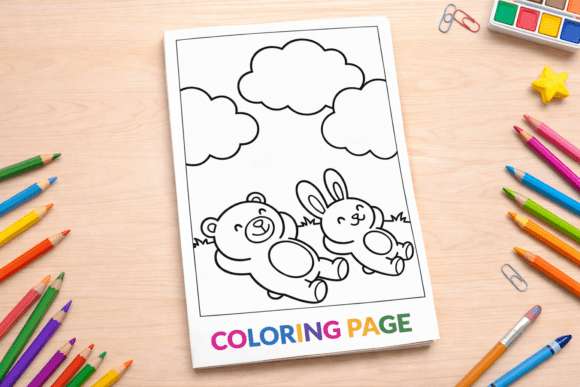 Cute Bear and Bunny Relaxing Coloring Page: A Calm Outdoor Activity for Kids and Creators