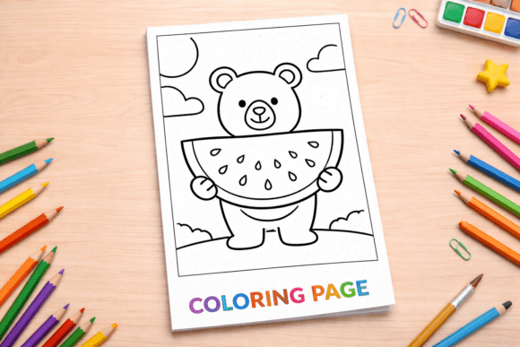 Cute Bear Holding Watermelon Coloring for Smart Creators