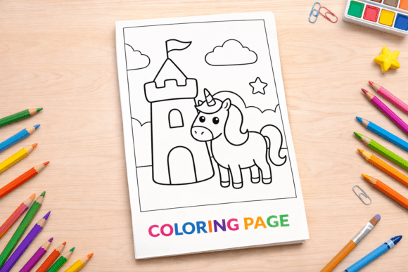 Unicorn with Castle Coloring Page